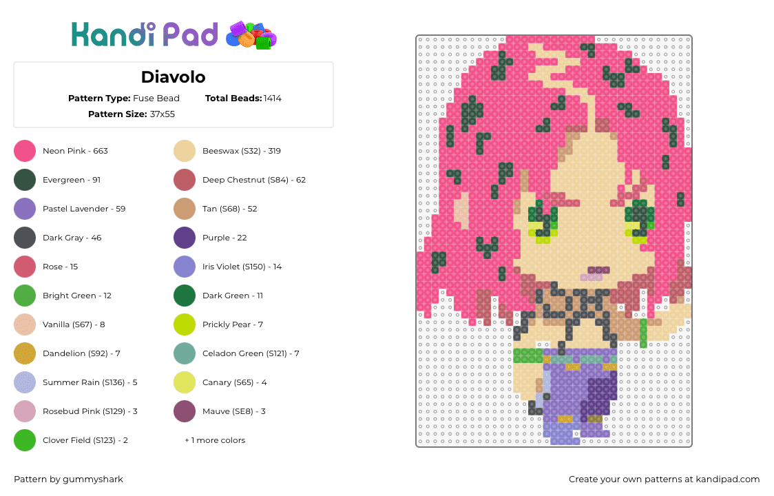 Diavolo - Fuse Bead Pattern by gummyshark on Kandi Pad - daivolo,jojos bizarre adventure,character,chibi,manga,video game,anime,tv show,pink,tan,purple