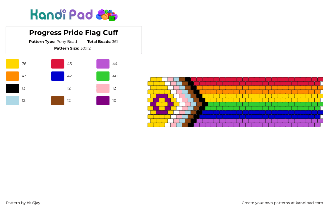 Progress Pride Flag Cuff - Pony Bead Pattern by blu3jay on Kandi Pad - progress,pride,flag,cuff,colorful,rainbow