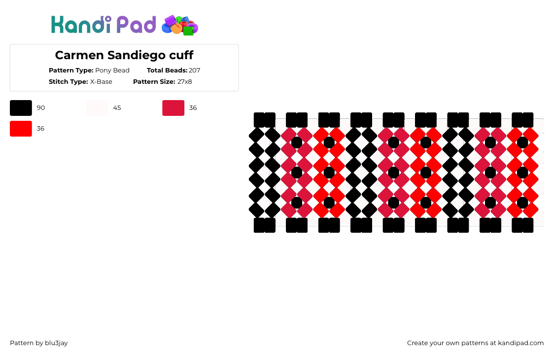Carmen Sandiego cuff - Pony Bead Pattern by bluejay13030 on Kandi Pad - carmen sandiego,xbase,checkered,cuff,video game,tv show,travel,globe,gaming,white,red