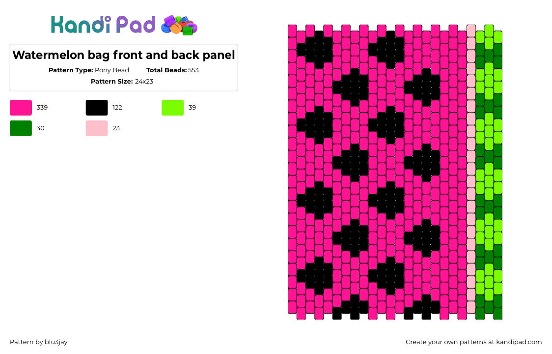 Watermelon bag front and back panel - Pony Bead Pattern by blu3jay on Kandi Pad - watermelon,fruit,bag,panel,food,summer,bright,pink,black,green