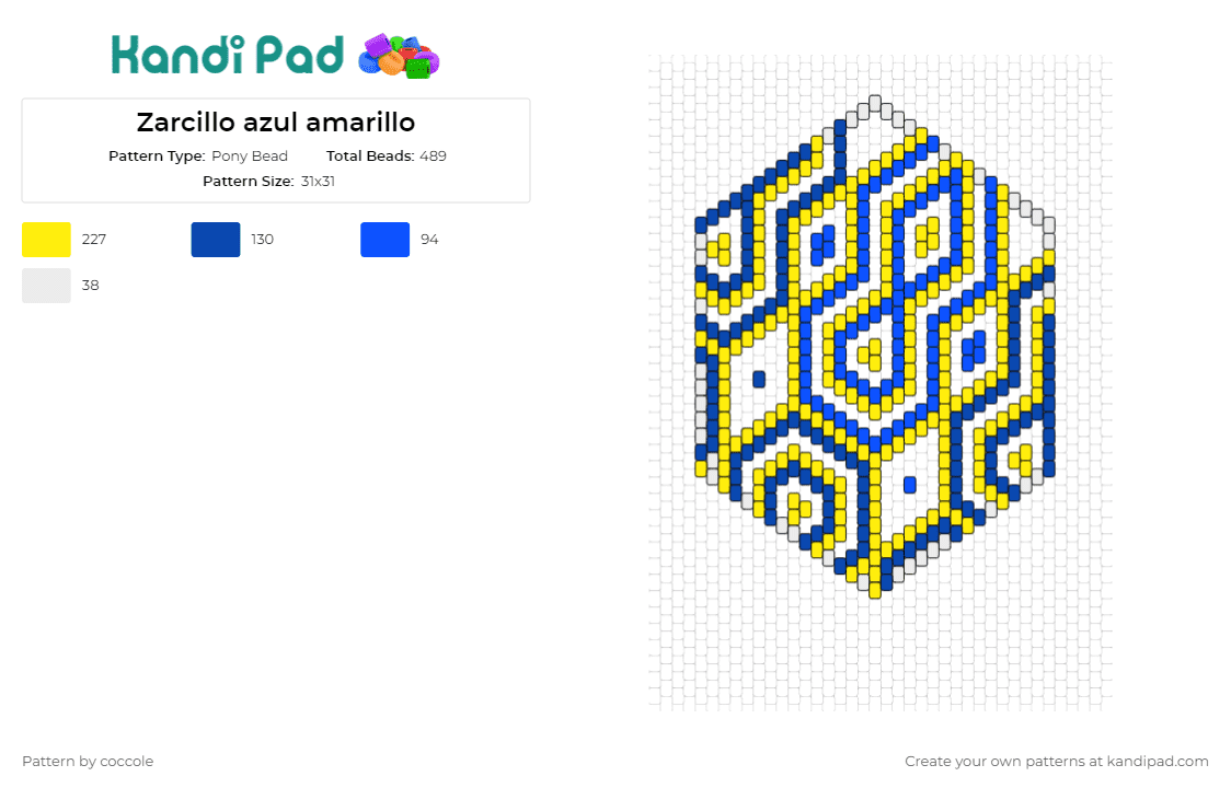 Zarcillo azul amarillo - Pony Bead Pattern by coccole on Kandi Pad - earring,geometric,hexagon,vibrant,graphic,visually captivating,piece,vivid patterns,edge,crafts,blue,yellow