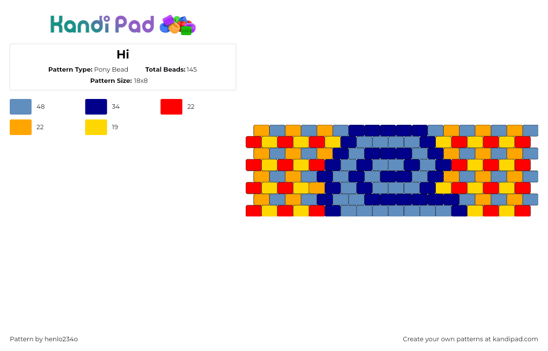 Hi - Pony Bead Pattern by henlo234o on Kandi Pad - snail,swirl,colorful,fiery,cuff,blue,orange,yellow