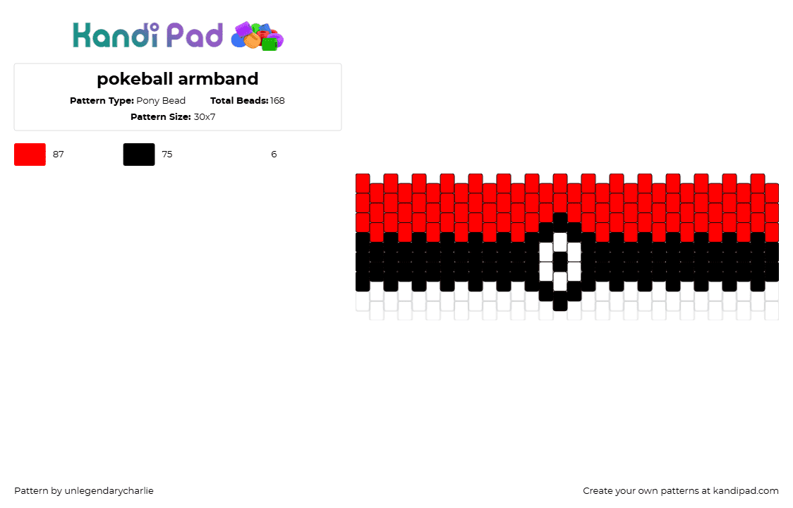 pokeball armband - Pony Bead Pattern by unlegendarycharlie on Kandi Pad - pokeball,pokemon,gaming,cuff,red,black