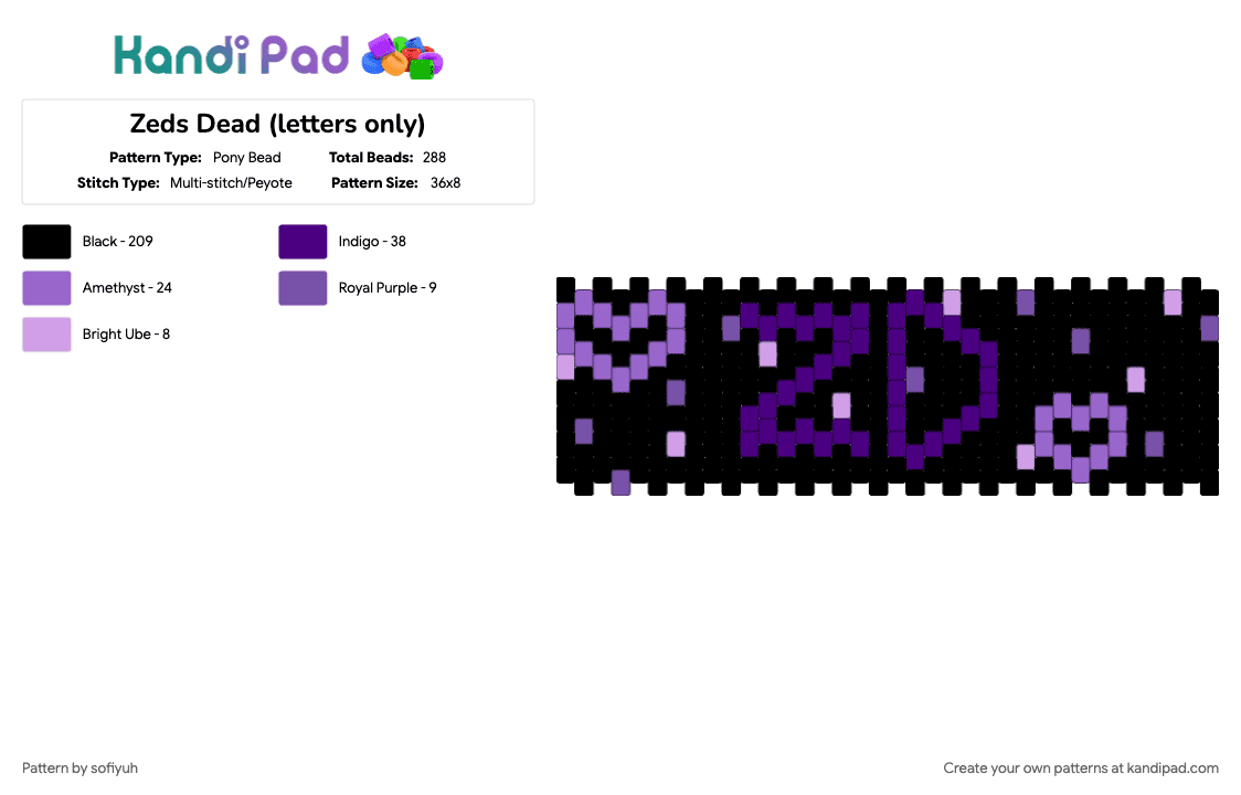 Zeds Dead (letters only) - Pony Bead Pattern by sofiyuh on Kandi Pad - black, edm, music, purple, zeds dead
