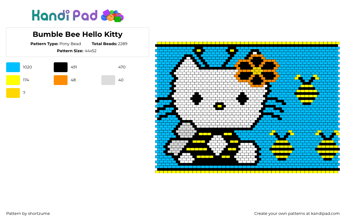 Bumble Bee Hello Kitty - Pony Bead Pattern by shortzume on Kandi Pad - hello kitty,bees,costume,cute,flower,sanrio,white,yellow,light blue