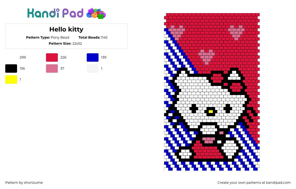 Hello Kitty - Pony Bead Pattern by shortzume on Kandi Pad - hello kitty,sanrio,panel,kawaii,hearts,valentine,stripes,red,white,blue