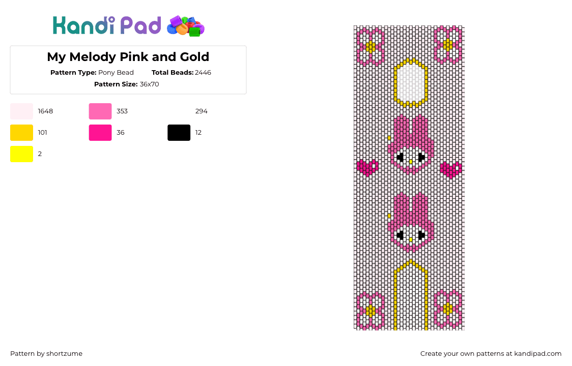 My Melody Pink and Gold - Pony Bead Pattern by shortzume on Kandi Pad - my melody,sanrio,kawaii,pink,white