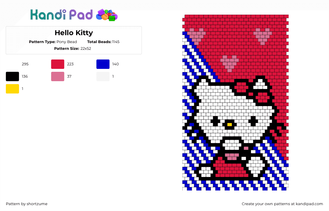 Hello Kitty - Pony Bead Pattern by shortzume on Kandi Pad - hello kitty,sanrio,panel,kawaii,hearts,valentine,stripes,red,white,blue