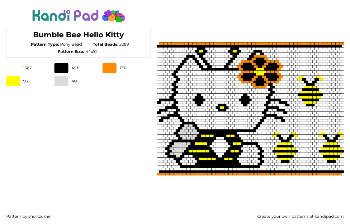 Bumble Bee Hello Kitty - Pony Bead Pattern by shortzume on Kandi Pad - hello kitty,bees,costume,cute,flower,sanrio,white,yellow,black,orange