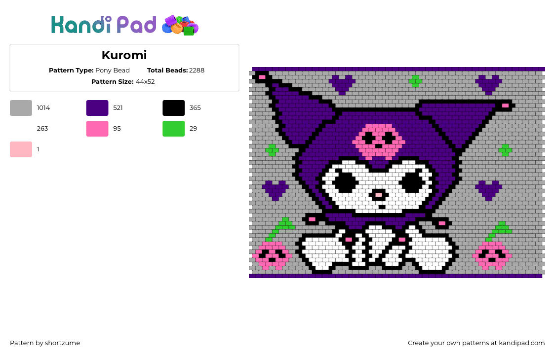 Kuromi - Pony Bead Pattern by shortzume on Kandi Pad - kuromi,sanrio,panel,character,purple,white,gray