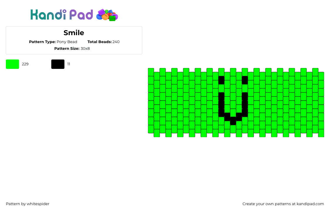 Smile - Pony Bead Pattern by whitespider on Kandi Pad - smiley,emoticon,simple,cuff,green,black