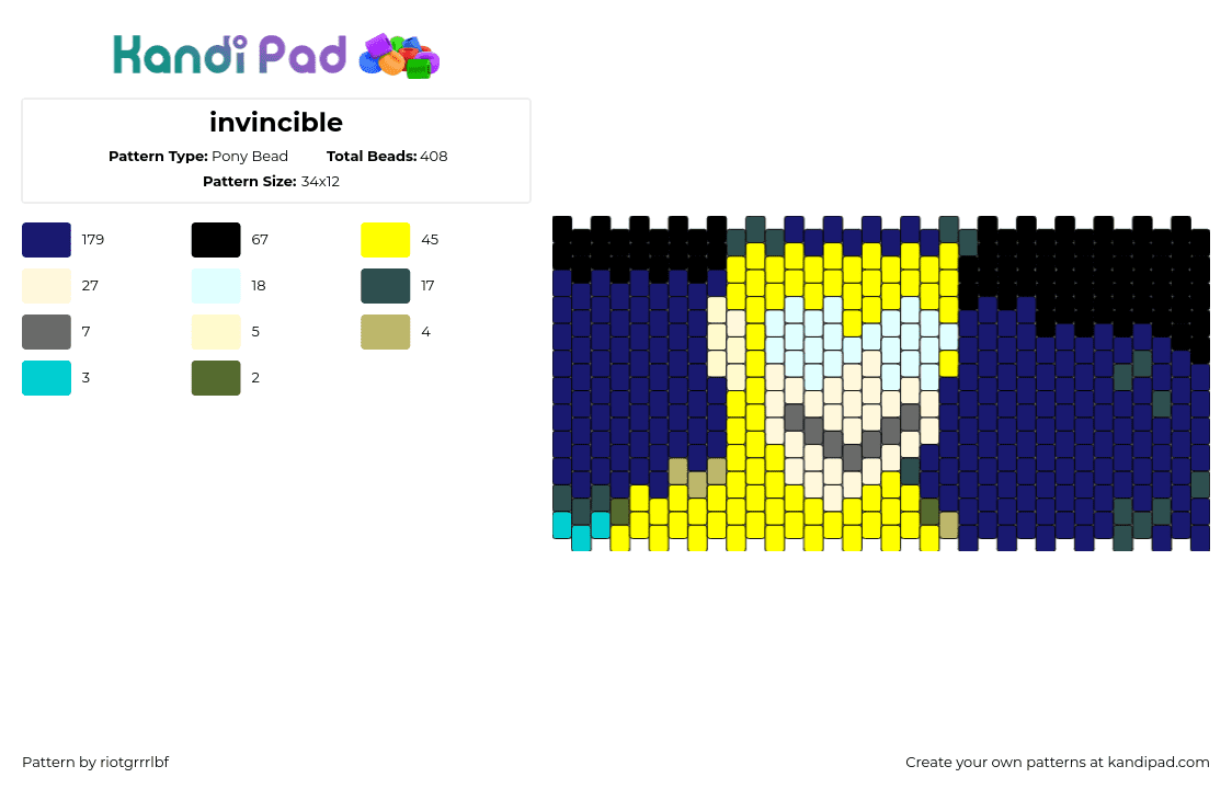 invincible - Pony Bead Pattern by riotgrrrlbf on Kandi Pad - invincible,mark grayson,character,superhero,tv show,cuff,blue,yellow