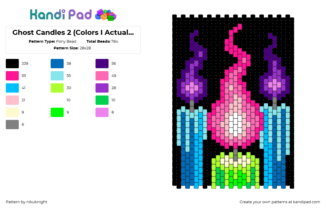 Ghost Candles 2 (Colors I Actually Have) - Pony Bead Pattern by nikuknight on Kandi Pad - candles,flames,neon,spooky,halloween,panel,colorful,fire,pink,green,purple,blue