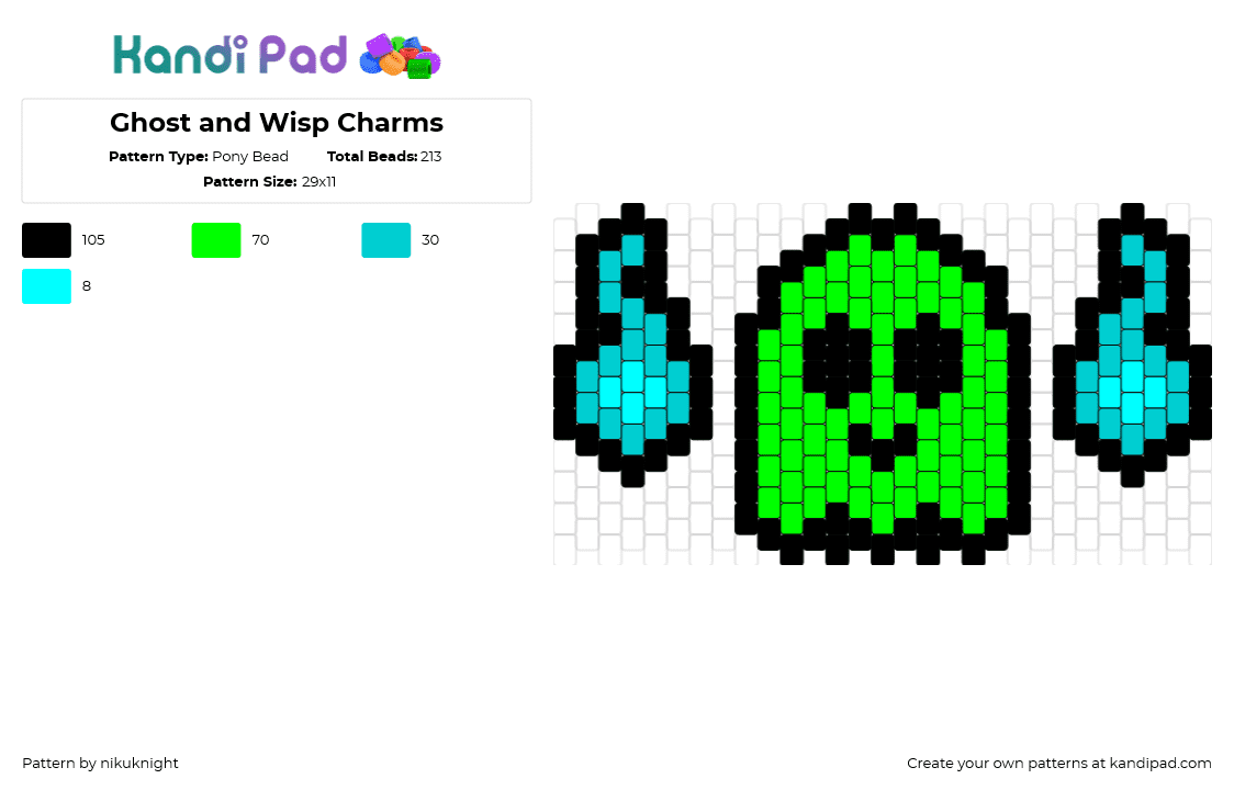 Ghost and Wisp Charms - Pony Bead Pattern by nikuknight on Kandi Pad - ghost,flames,spooky,halloween,cute,neon,green,teal