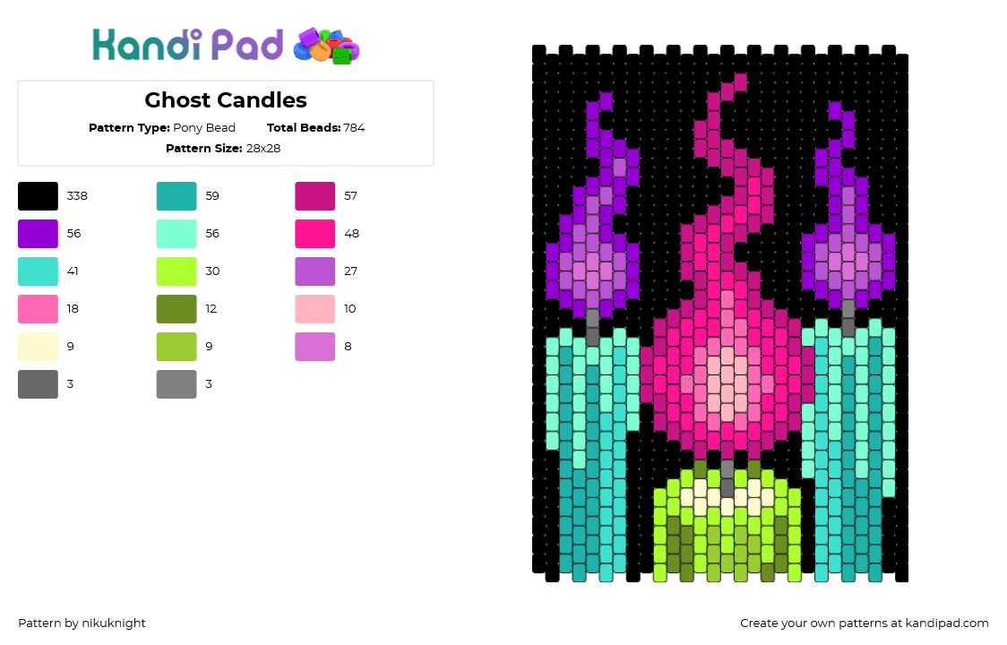 Ghost Candles - Pony Bead Pattern by nikuknight on Kandi Pad - candles,flames,neon,spooky,halloween,panel,colorful,fire,pink,green,purple,teal