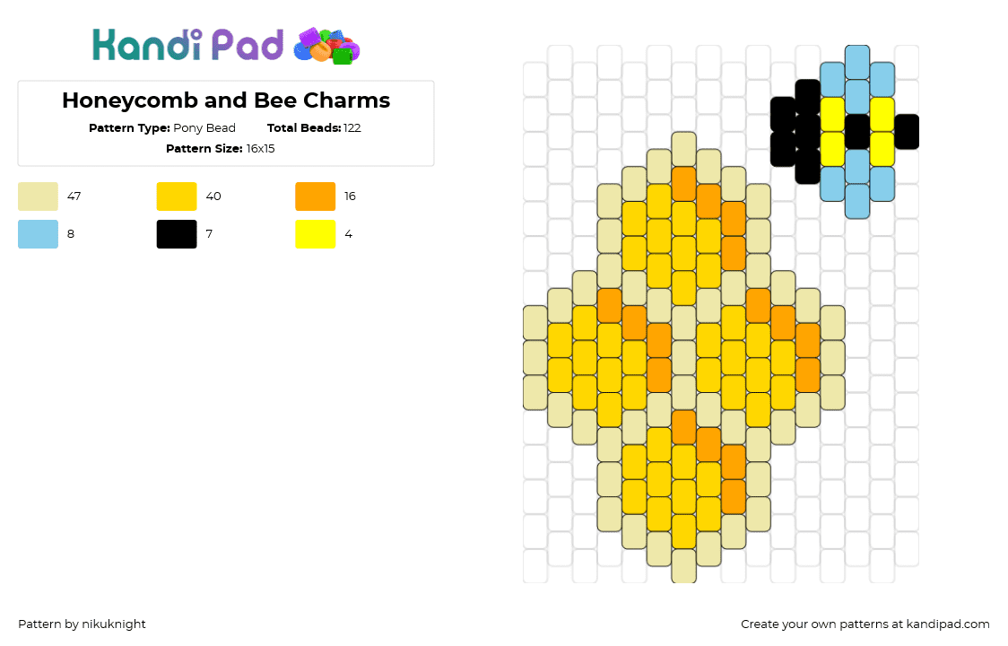 Honeycomb and Bee Charms - Pony Bead Pattern by nikuknight on Kandi Pad - honeycomb,bee,insect,charms,cute,geometric,yellow,orange,light blue