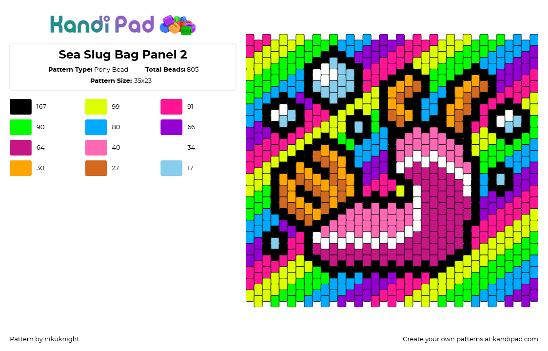 Sea Slug Bag Panel 2 - Pony Bead Pattern by nikuknight on Kandi Pad - sea slug,bubbles,bright,neon,diagonal,stripes,panel,bag,colorful,pink,orange,green,light blue,purple