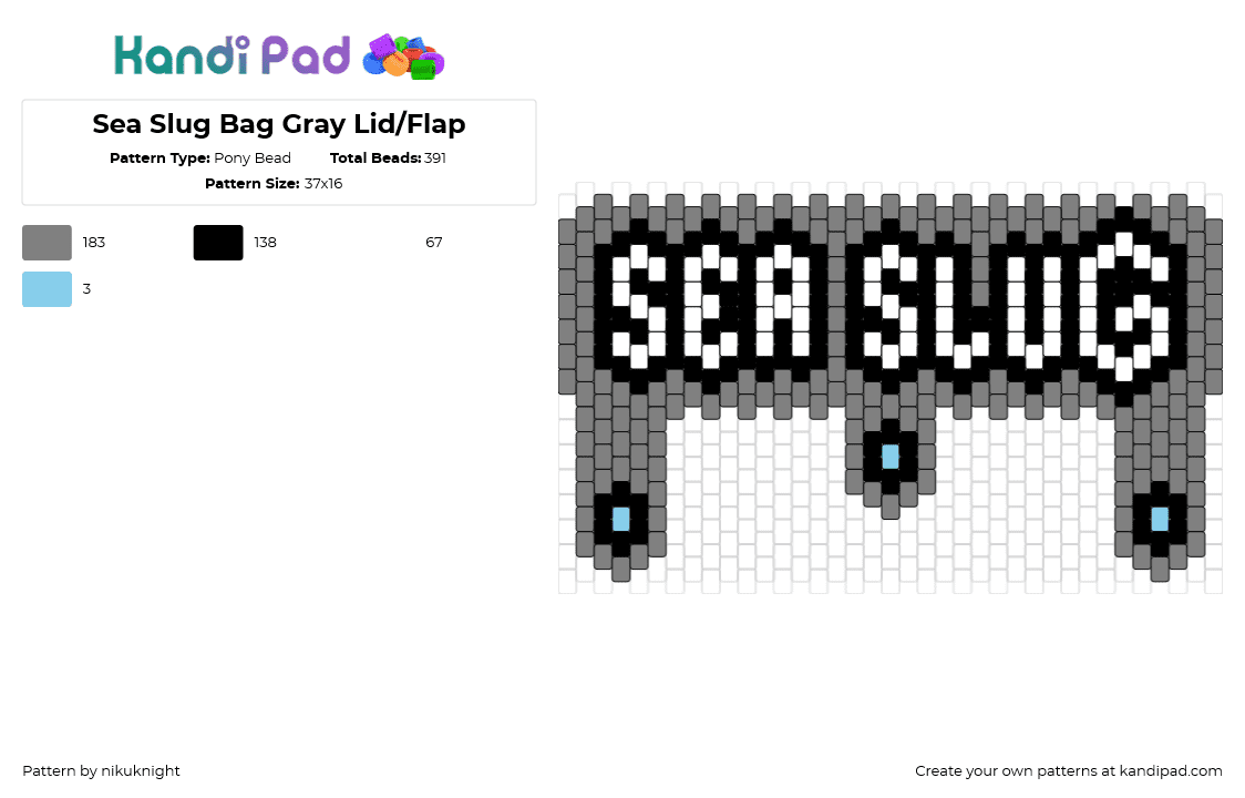 Sea Slug Bag Gray Lid/Flap - Pony Bead Pattern by nikuknight on Kandi Pad - sea slug,text,panel,bag,white,gray