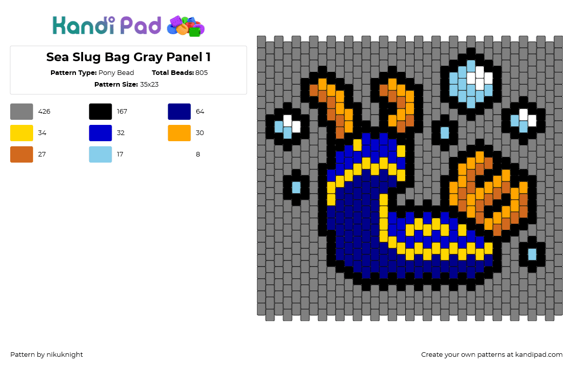 Sea Slug Bag Gray Panel 1 - Pony Bead Pattern by nikuknight on Kandi Pad - sea slug,bubbles,panel,bag,blue,orange,light blue,gray