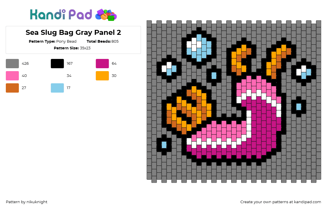 Sea Slug Bag Gray Panel 2 - Pony Bead Pattern by nikuknight on Kandi Pad - sea slug,bubbles,panel,bag,pink,orange,light blue,gray