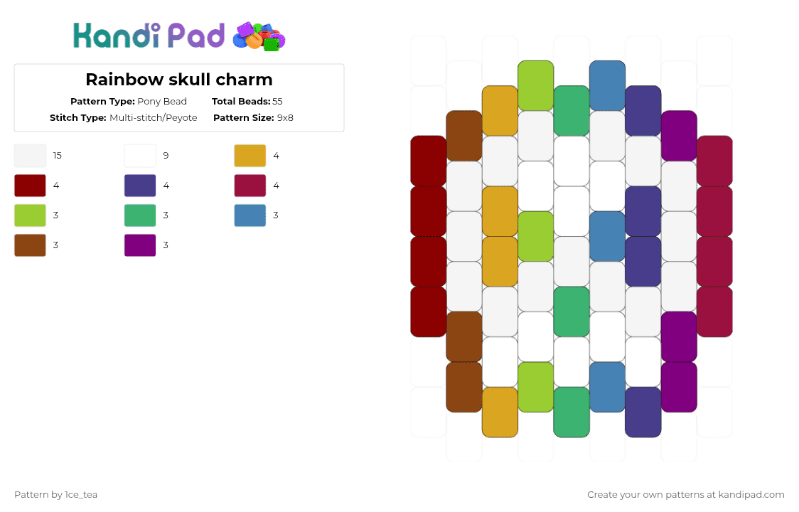 Rainbow skull charm - Pony Bead Pattern by 1ce_tea on Kandi Pad - white,green,red,pink