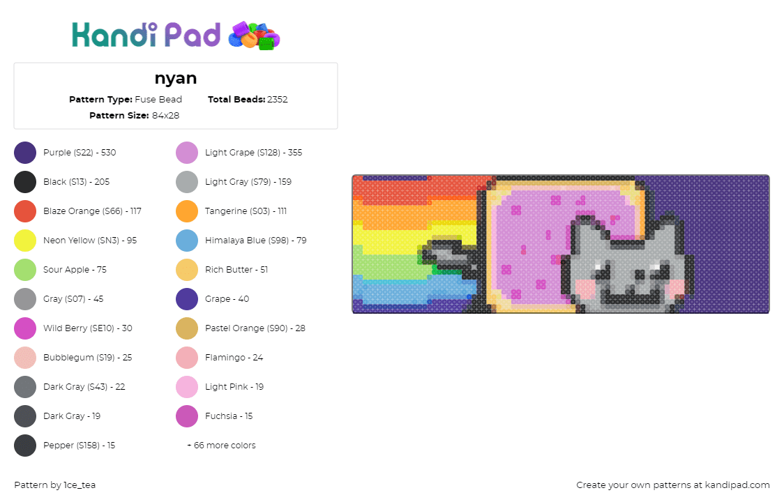 nyan - Fuse Bead Pattern by 1ce_tea on Kandi Pad - nyan cat,meme,poptart,rainbow,gray,pink,purple