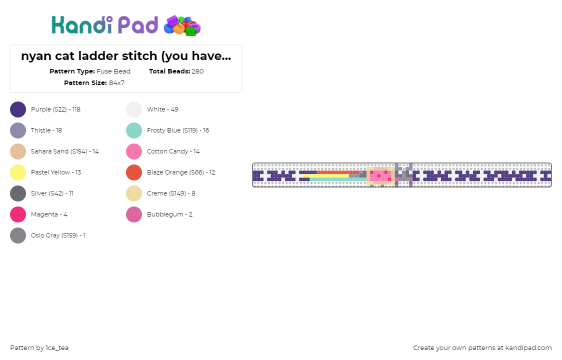 nyan cat ladder stitch (you have to put extra beads btw, glue reccommended for lazy ppl) - Fuse Bead Pattern by 1ce_tea on Kandi Pad - nyan cat,meme,poptart,stars,gray,pink,purple