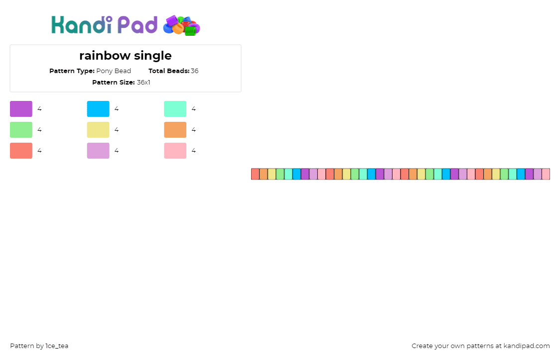 rainbow single - Pony Bead Pattern by 1ce_tea on Kandi Pad - pastel,rainbow,colorful,single,heavens,pink,teal