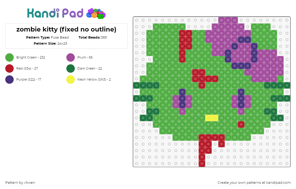 zombie kitty (fixed no outline) - Fuse Bead Pattern by v1xxen on Kandi Pad - zombie,hello kitty,sanrio,bow,blood,spooky,halloween,head,character,green,purple,red