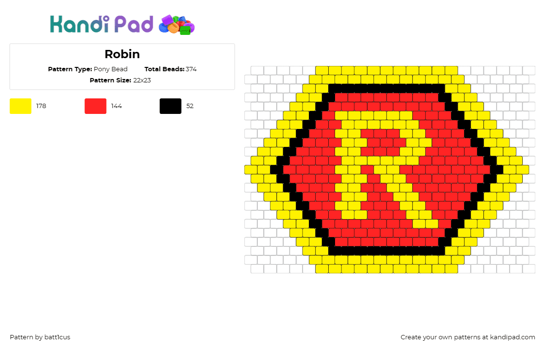 Robin - Pony Bead Pattern by batt1cus on Kandi Pad - robin,logo,batman,symbol,comic,superhero,badge,red,yellow