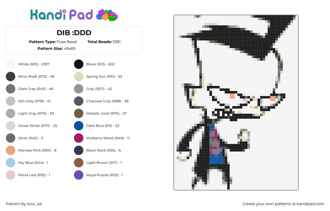 DIB :DDD - Fuse Bead Pattern by sour_xd on Kandi Pad - dib,invader zim,character,cartoon,tv show,black,white