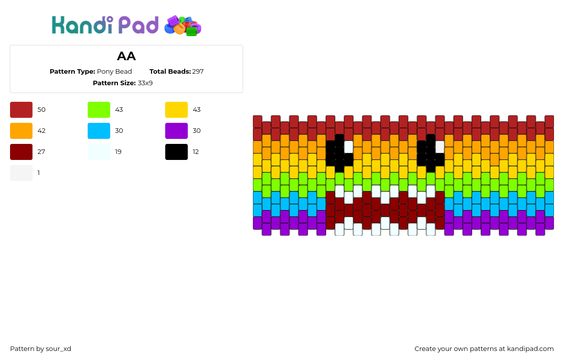 AA - Pony Bead Pattern by sour_xd on Kandi Pad - domo,rainbow,face,mouth,cuff,colorful,red,orange,blue