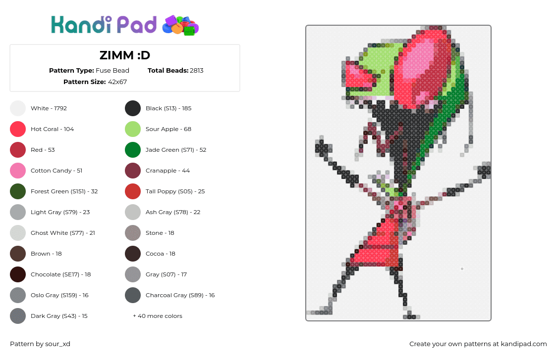 ZIMM :D - Fuse Bead Pattern by sour_xd on Kandi Pad - invader zim,alien,cartoon,tv show,character,red,pink,green