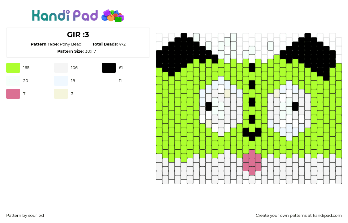 GIR :3 - Pony Bead Pattern by sour_xd on Kandi Pad - gir,invader zim,panel,derpy,cartoon,tv show,green