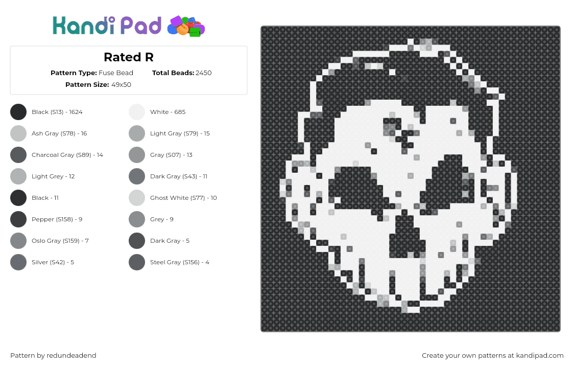 Rated R - Fuse Bead Pattern by redundeadend on Kandi Pad - rated r,skull,logo,dubstep,music,dj,black,white