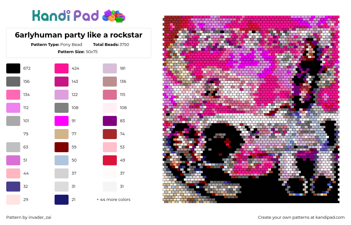 6arlyhuman party like a rockstar - Pony Bead Pattern by invader_zai on Kandi Pad - 