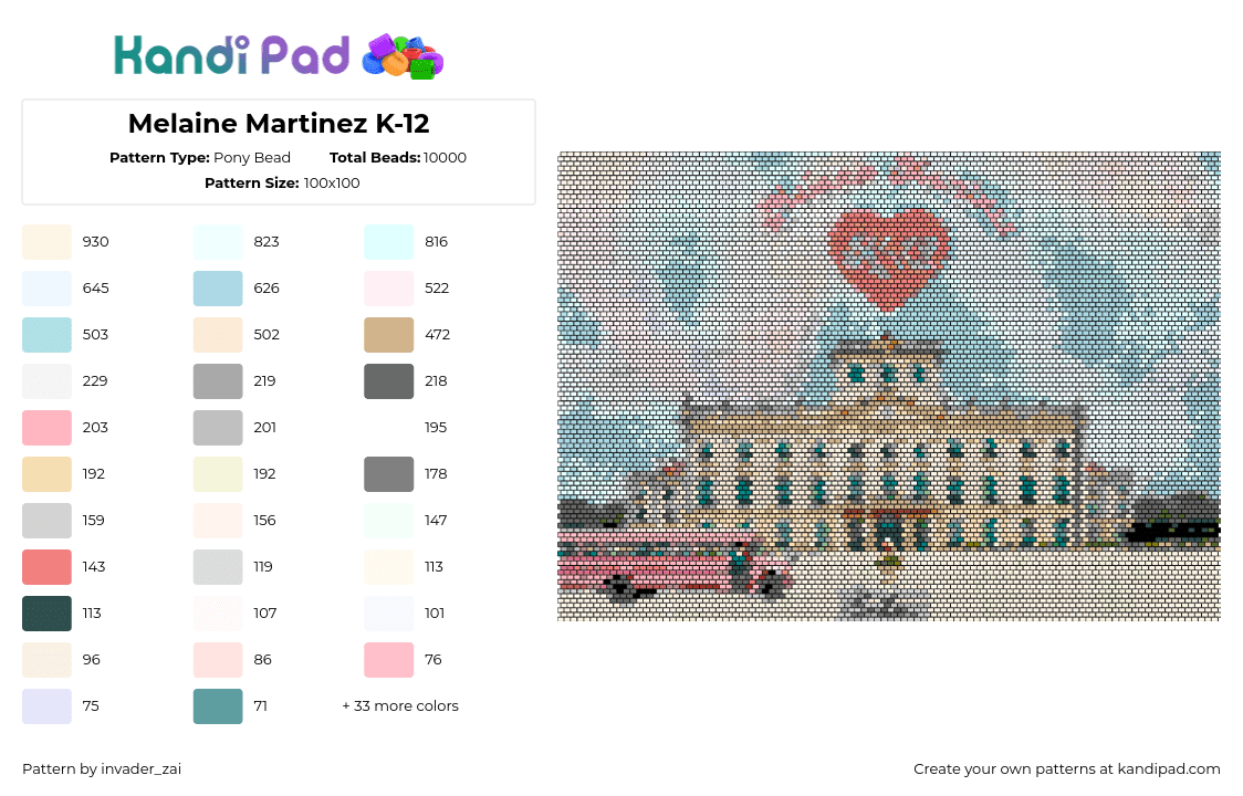 Melaine Martinez K-12 - Pony Bead Pattern by invader_zai on Kandi Pad - k12,melanie martinez,album,music,panel,school,building,pink,light blue,beige