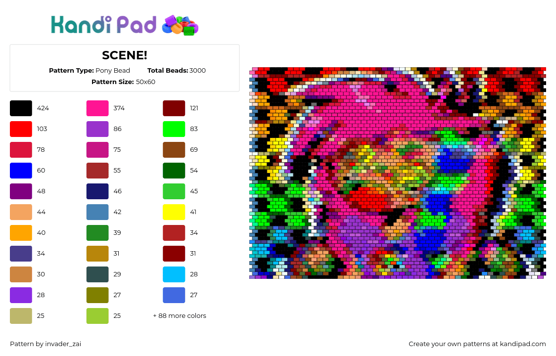 SCENE! - Pony Bead Pattern by invader_zai on Kandi Pad - scene,colorful,emo,bright,neon,colorful,hair,checkered,pink,orange,green