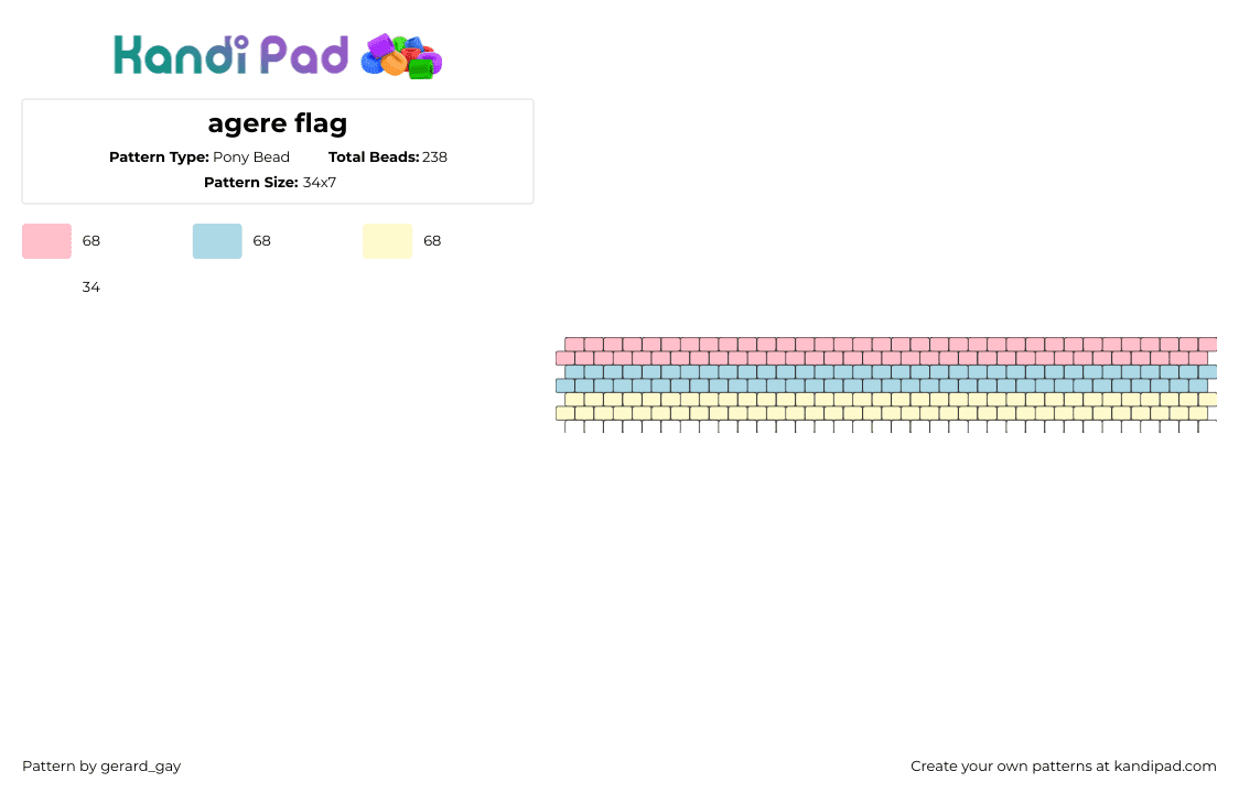 agere flag - Pony Bead Pattern by gerard_gay on Kandi Pad - agere,age regression,pride,horizontal,stripes,pastel,bracelet,cuff,pink,light blue,yellow