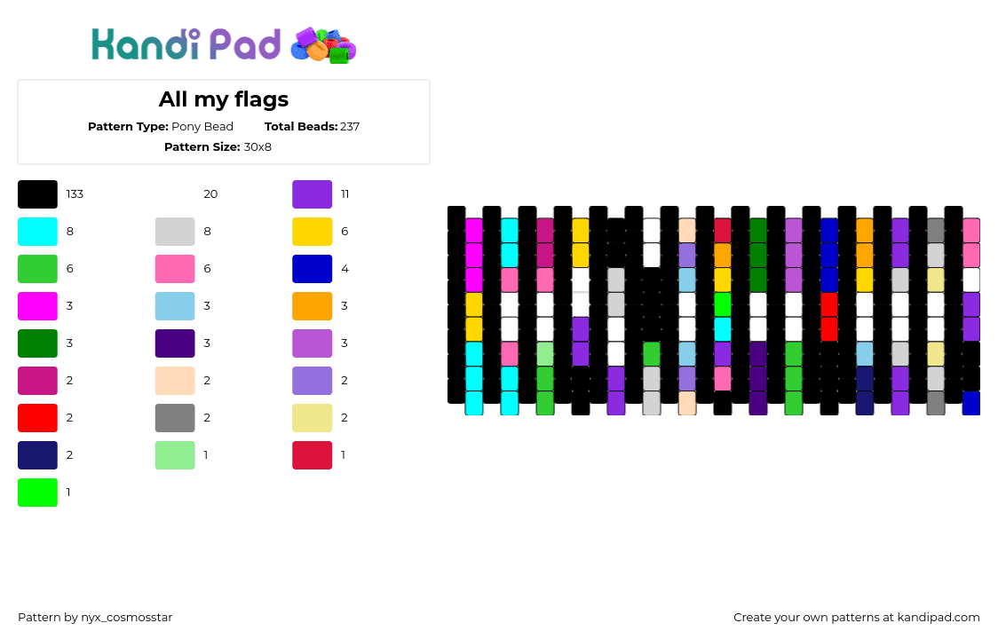 All my flags - Pony Bead Pattern by nyx_cosmosstar on Kandi Pad - pride,flags,stripes,dark,colorful,cuff,community,black,green,purple,pink