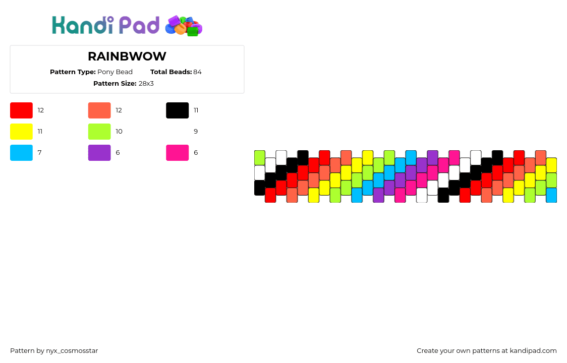 RAINBWOW - Pony Bead Pattern by nyx_cosmosstar on Kandi Pad - colorful,bracelet,cuff,diagonal,stripes,red,yellow