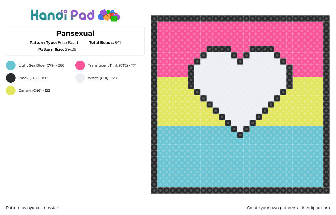 Pansexual - Fuse Bead Pattern by nyx_cosmosstar on Kandi Pad - pansexual,heart,pride,love,panel,stripes,pastel,pink,yellow,light blue,white