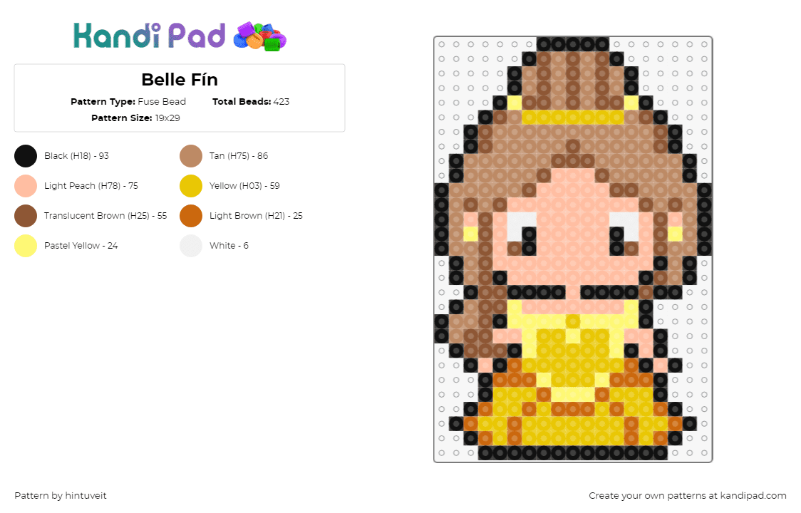 Belle Fín - Fuse Bead Pattern by hintuveit on Kandi Pad - belle,beauty and the beast,disney,chibi,princess,character,movie,tan,yellow