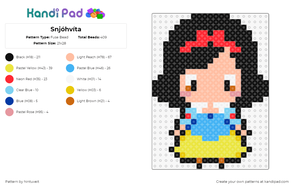 Snjóhvíta - Fuse Bead Pattern by hintuveit on Kandi Pad - snow white,princess,disney,character,black,tan,light blue,yellow