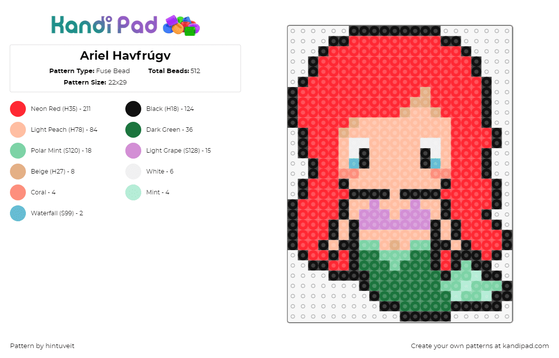 Ariel Havfrúgv - Fuse Bead Pattern by hintuveit on Kandi Pad - ariel,little mermaid,disney,character,chibi,movie,green,red,pink