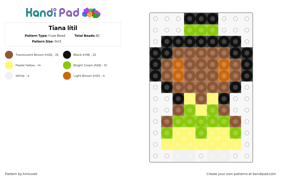 Tiana lítil - Fuse Bead Pattern by hintuveit on Kandi Pad - tiana,princess and the frog,disney,character,simple,movie,brown,black,yellow,green