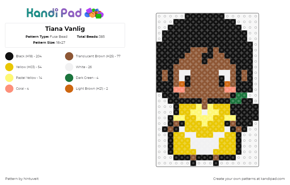 Tiana Vanlig - Fuse Bead Pattern by hintuveit on Kandi Pad - tiana,princess and the frog,character,chibi,disney,movie,animation,yellow,brown,black