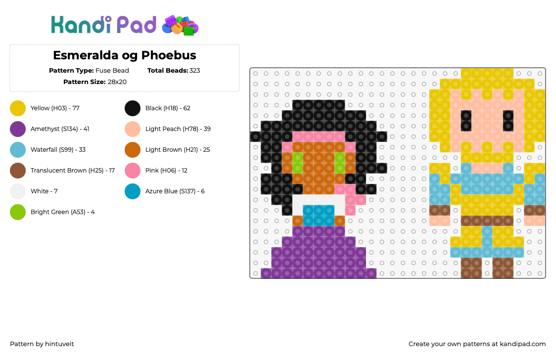 Esmeralda og Phoebus - Fuse Bead Pattern by hintuveit on Kandi Pad - esmeralda,phoebus,hunchback of notre dame,characters,chibi,disney,purple,yellow,teal,brown