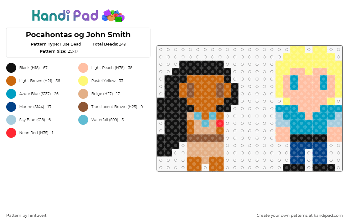 Pocahontas og John Smith - Fuse Bead Pattern by hintuveit on Kandi Pad - pocahontas,john smith,disney,characters,chibi,movie,brown,black,teal,blonde,yellow,tan