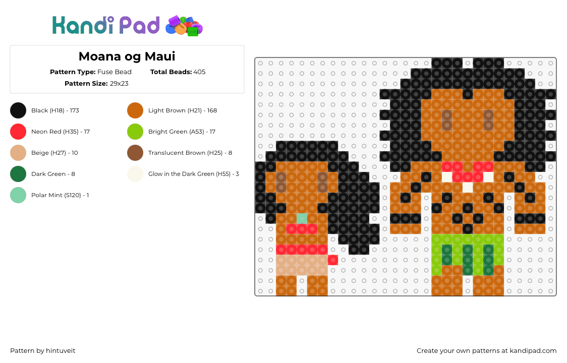 Moana og Maui - Fuse Bead Pattern by hintuveit on Kandi Pad - moana,maui,characters,diney,movie,chibi,brown,black,green